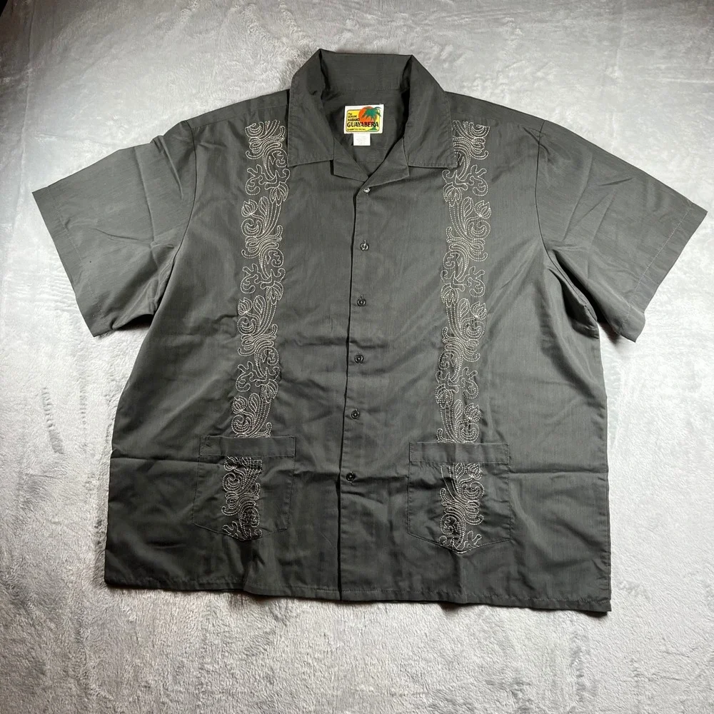 Haband Guayabera Mens 2XL Gray Embroidered Short Sleeve Button Down Shirt